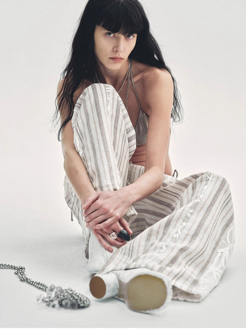 "Fashion Tension" Linen Vertical Stripe Drape Wide Leg Casual Pants
