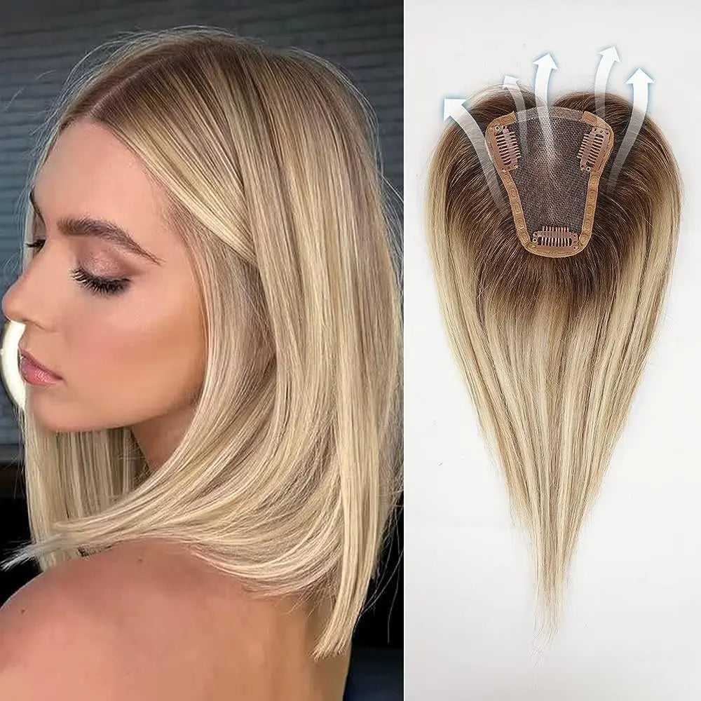 Ash Gray Brown 100% Remy Human Hair Toppers Clips