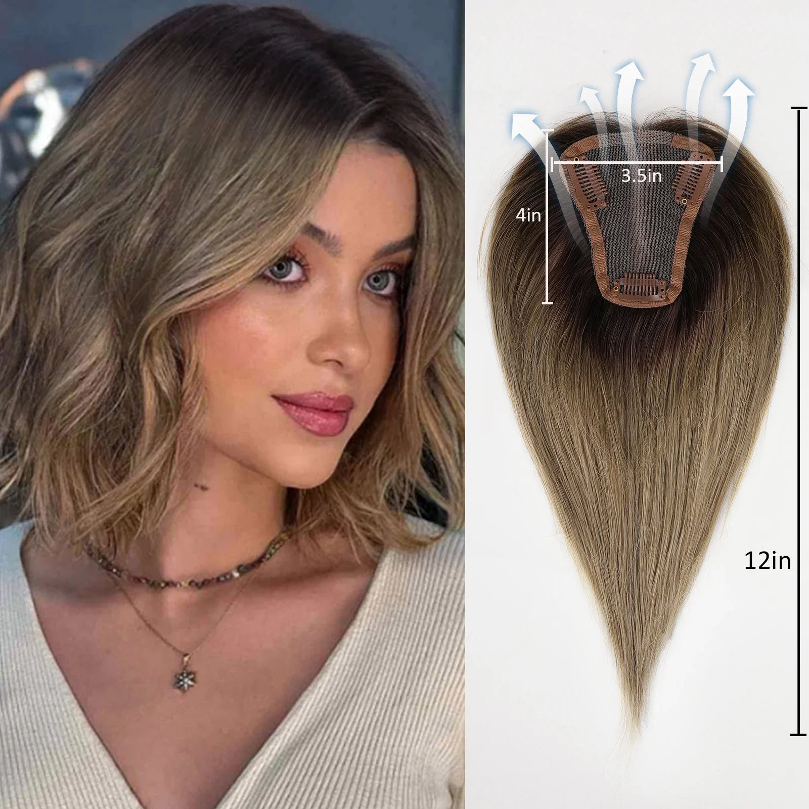 Ash Gray Brown 100% Remy Human Hair Toppers Clips
