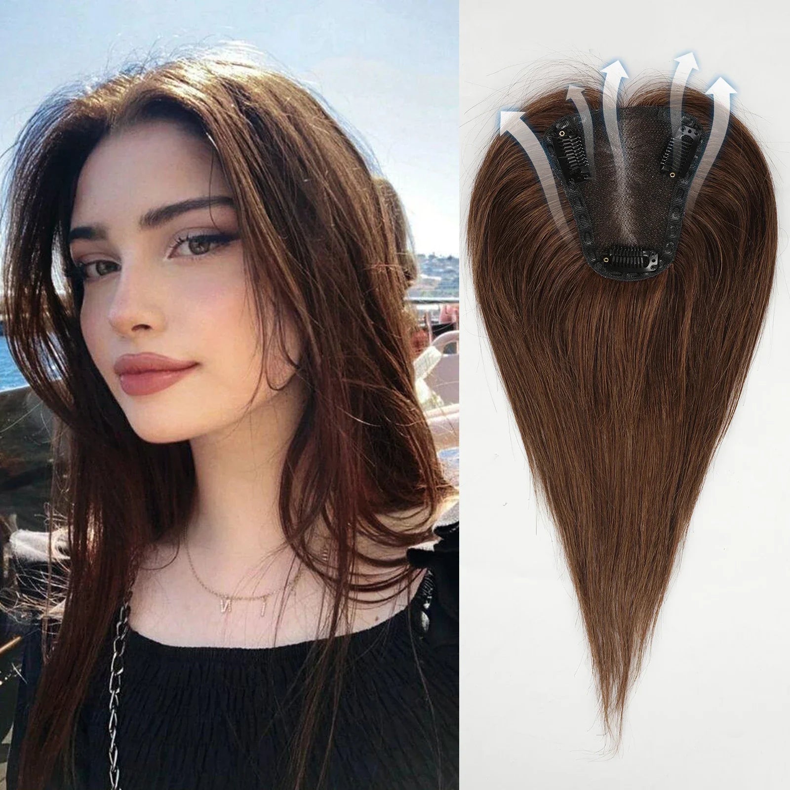 Ash Gray Brown 100% Remy Human Hair Toppers Clips