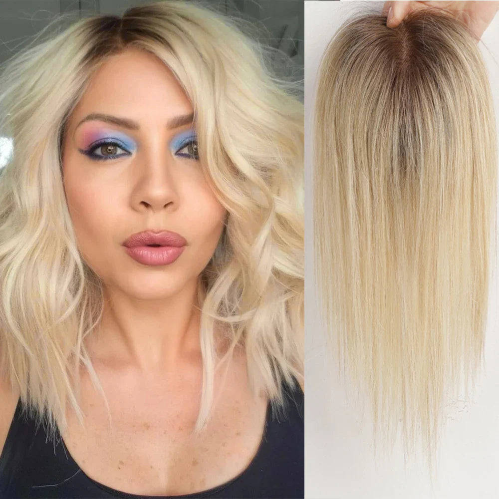 Ash Gray Brown 100% Remy Human Hair Toppers Clips