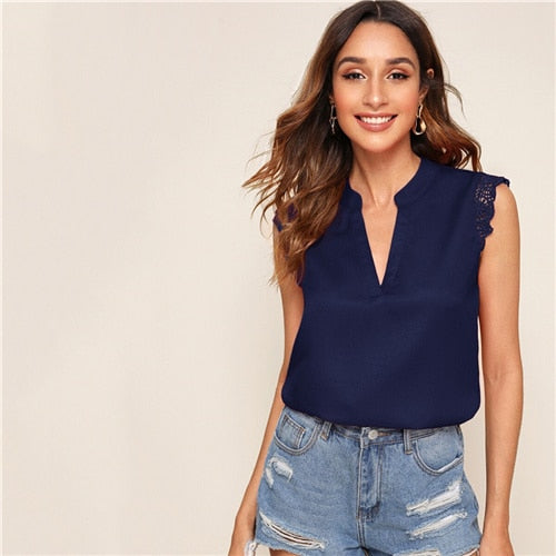 V-Placket Lace Trim Shell Top Elegant V neck Stand Collar Summer Sleeveless Womens Tops and Blouses