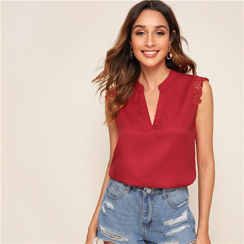 V-Placket Lace Trim Shell Top Elegant V neck Stand Collar Summer Sleeveless Womens Tops and Blouses