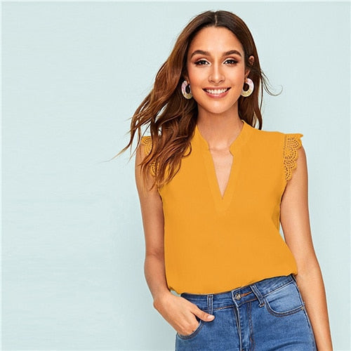 V-Placket Lace Trim Shell Top Elegant V neck Stand Collar Summer Sleeveless Womens Tops and Blouses