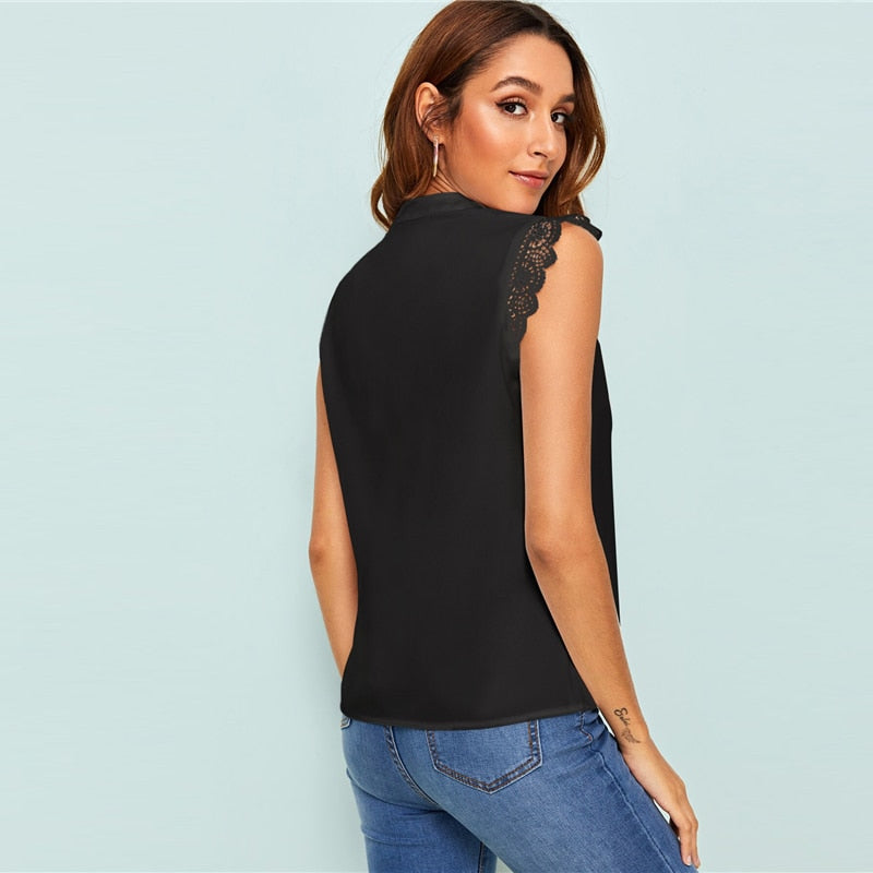 V-Placket Lace Trim Shell Top Elegant V neck Stand Collar Summer Sleeveless Womens Tops and Blouses